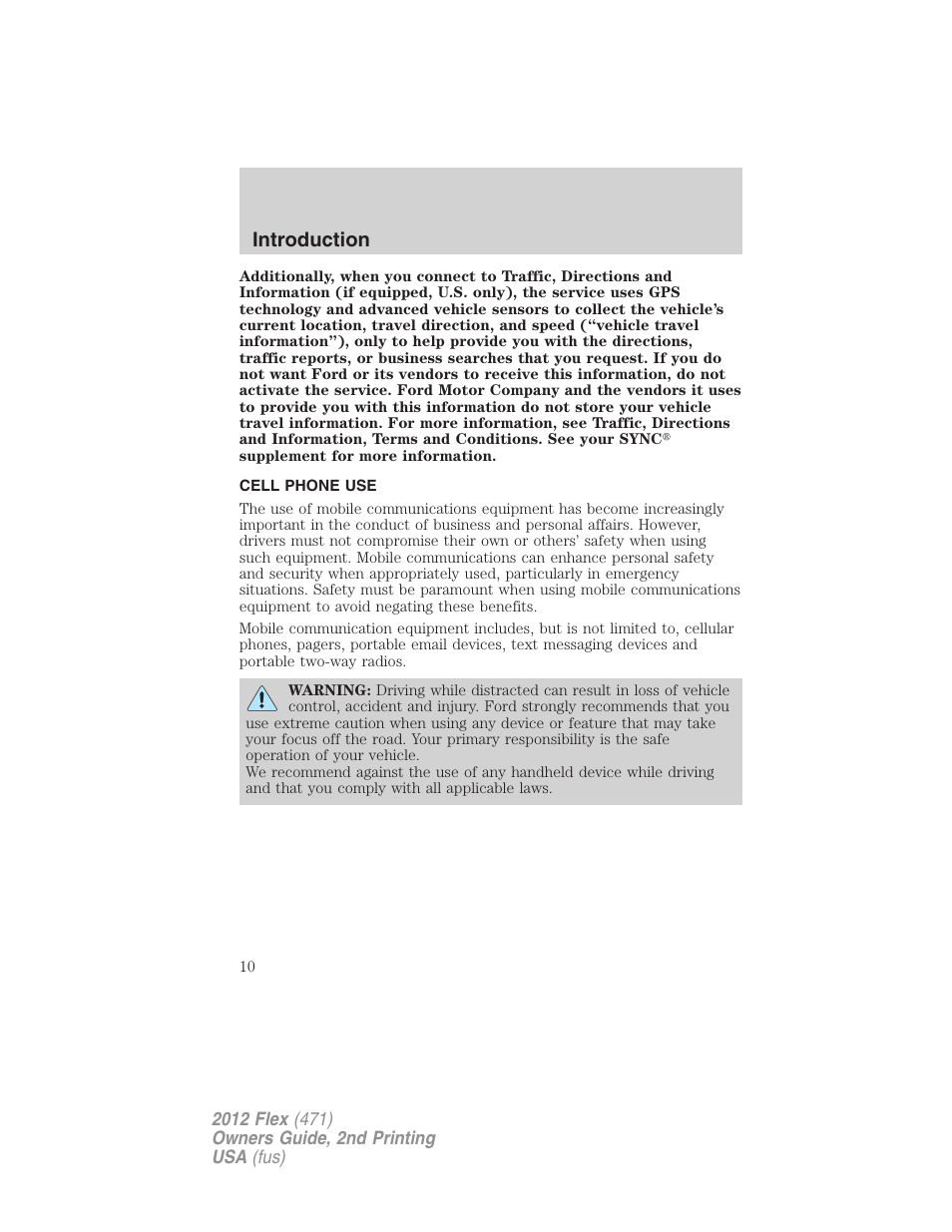 Cell phone use, Introduction | FORD 2012 Flex v.2 User Manual | Page 11 / 407