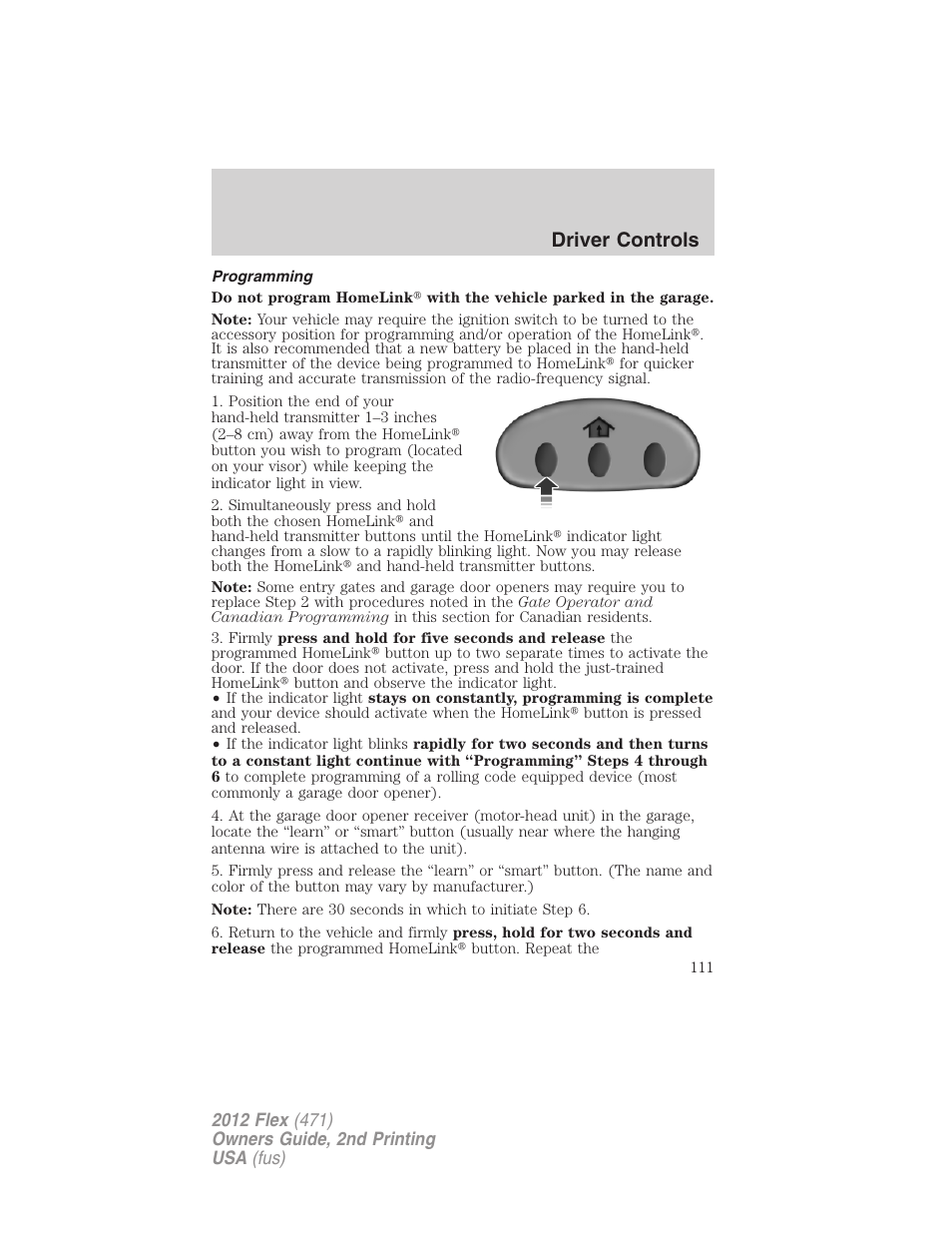 Programming, Driver controls | FORD 2012 Flex v.2 User Manual | Page 112 / 407