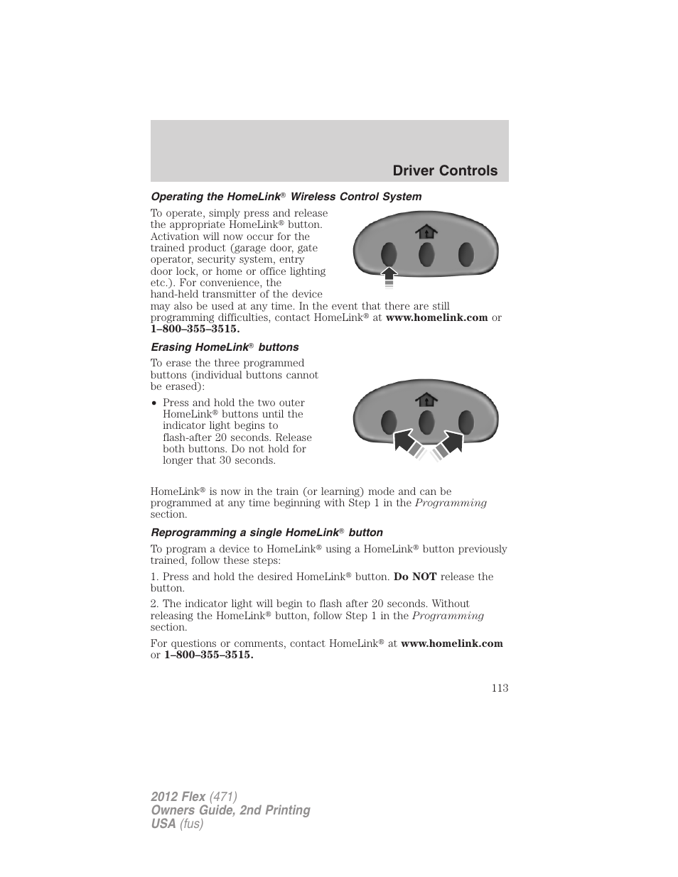 Operating the homelink? wireless control system, Erasing homelink? buttons, Reprogramming a single homelink? button | Driver controls | FORD 2012 Flex v.2 User Manual | Page 114 / 407