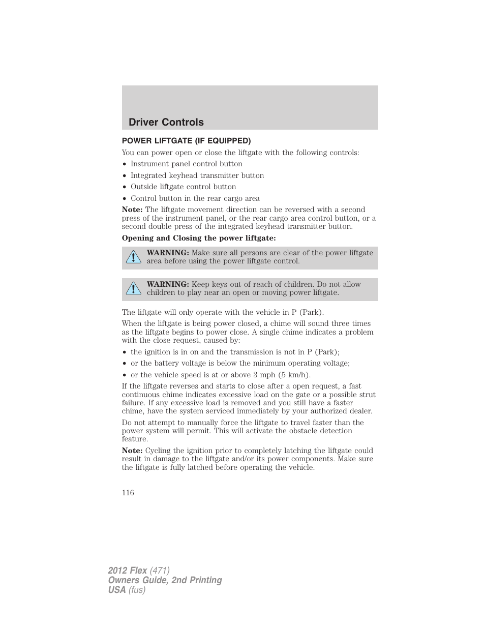 Power liftgate (if equipped), Driver controls | FORD 2012 Flex v.2 User Manual | Page 117 / 407
