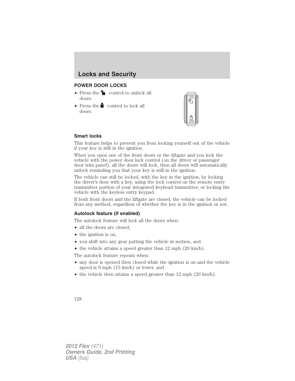 Power door locks, Smart locks, Autolock feature (if enabled) | Locks, Locks and security | FORD 2012 Flex v.2 User Manual | Page 129 / 407