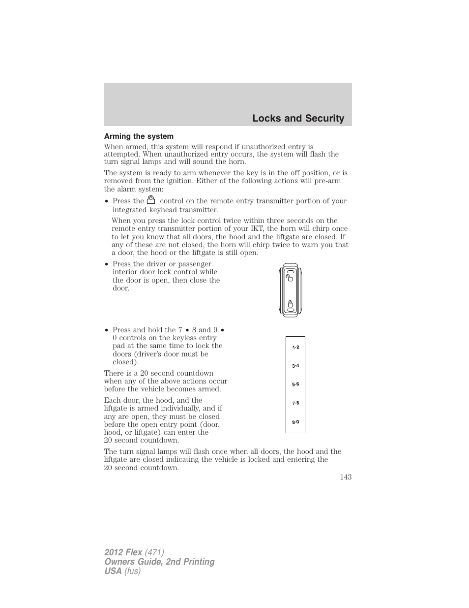 Arming the system, Locks and security | FORD 2012 Flex v.2 User Manual | Page 144 / 407