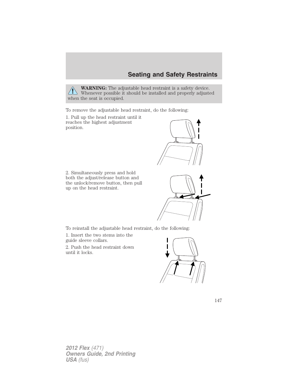 Seating and safety restraints | FORD 2012 Flex v.2 User Manual | Page 148 / 407