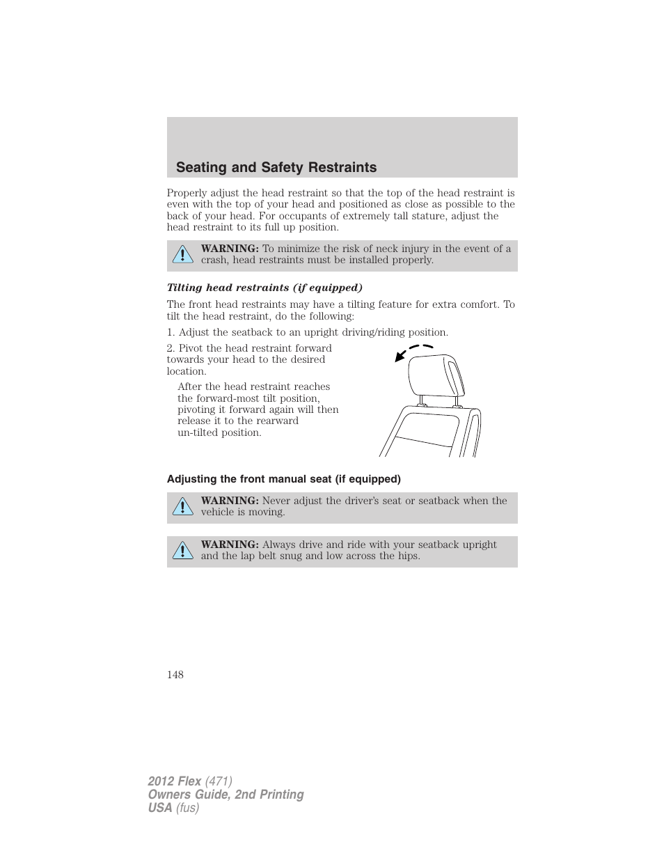 Adjusting the front manual seat (if equipped), Seating and safety restraints | FORD 2012 Flex v.2 User Manual | Page 149 / 407