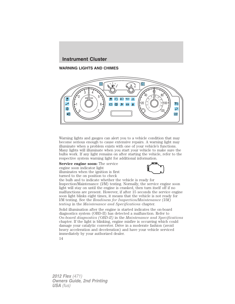 Instrument cluster, Warning lights and chimes | FORD 2012 Flex v.2 User Manual | Page 15 / 407