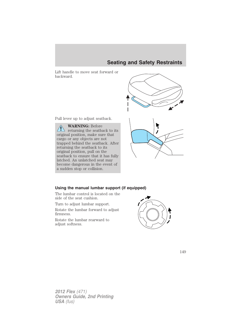 Using the manual lumbar support (if equipped), Seating and safety restraints | FORD 2012 Flex v.2 User Manual | Page 150 / 407