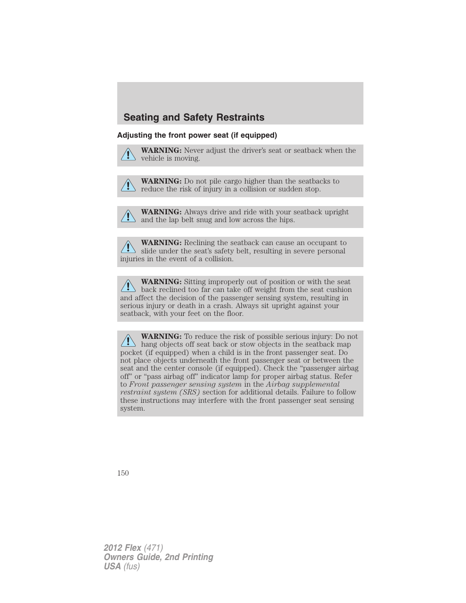 Adjusting the front power seat (if equipped), Seating and safety restraints | FORD 2012 Flex v.2 User Manual | Page 151 / 407