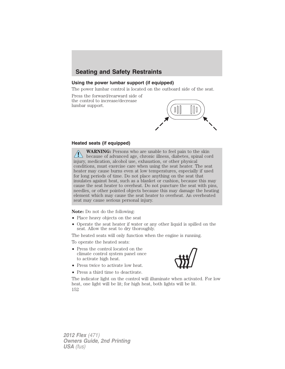 Using the power lumbar support (if equipped), Heated seats (if equipped), Seating and safety restraints | FORD 2012 Flex v.2 User Manual | Page 153 / 407