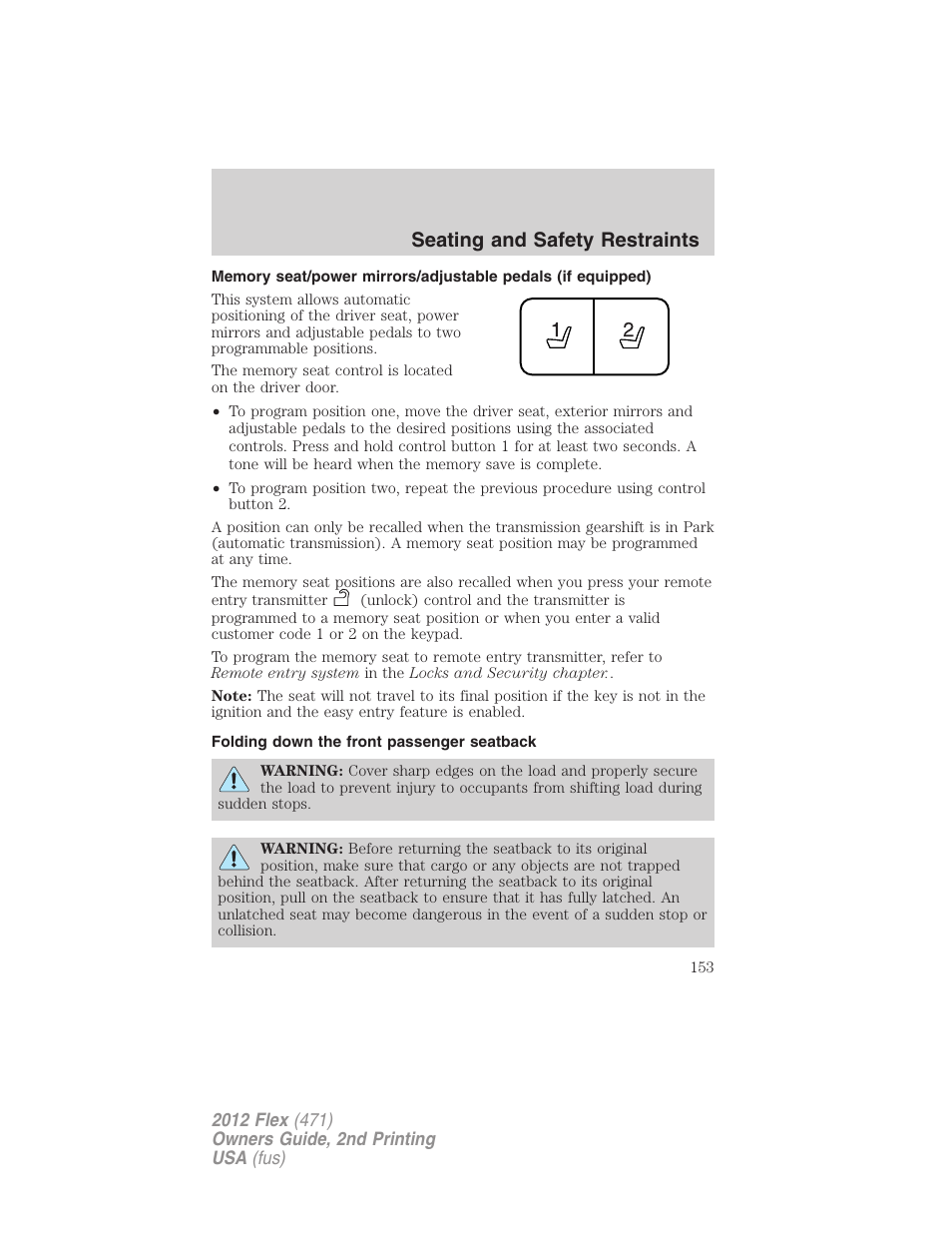Folding down the front passenger seatback, Seating and safety restraints | FORD 2012 Flex v.2 User Manual | Page 154 / 407