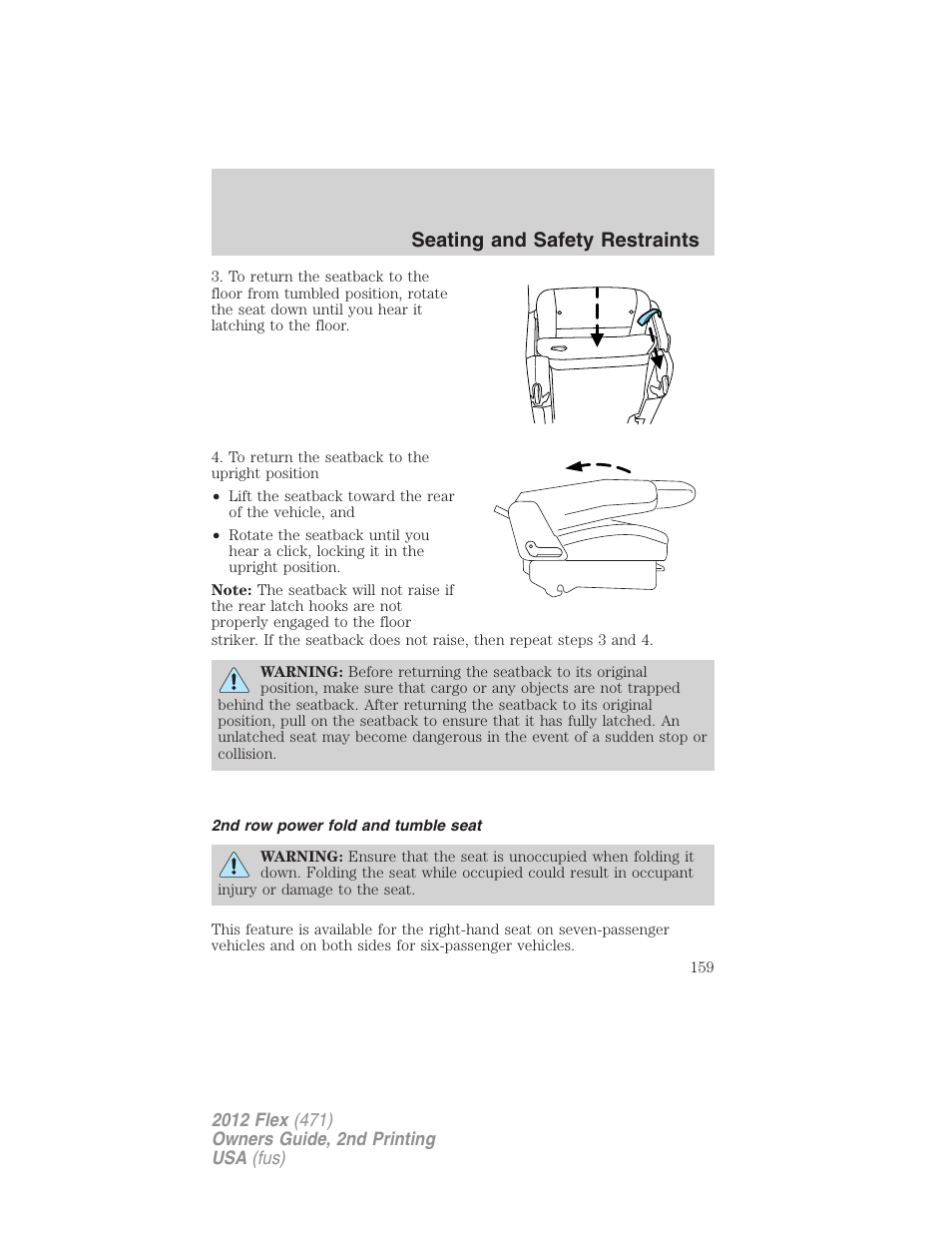 2nd row power fold and tumble seat, Seating and safety restraints | FORD 2012 Flex v.2 User Manual | Page 160 / 407