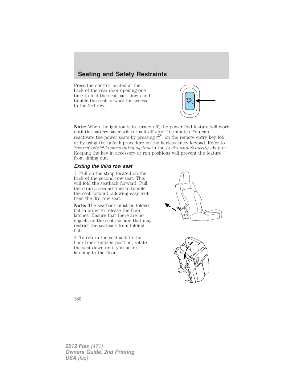 Exiting the third row seat, Seating and safety restraints | FORD 2012 Flex v.2 User Manual | Page 161 / 407