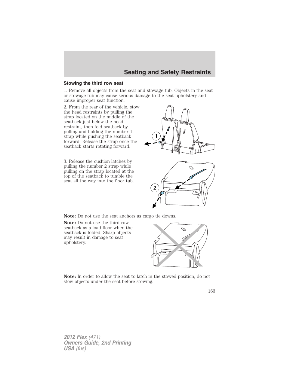 Stowing the third row seat, Seating and safety restraints | FORD 2012 Flex v.2 User Manual | Page 164 / 407