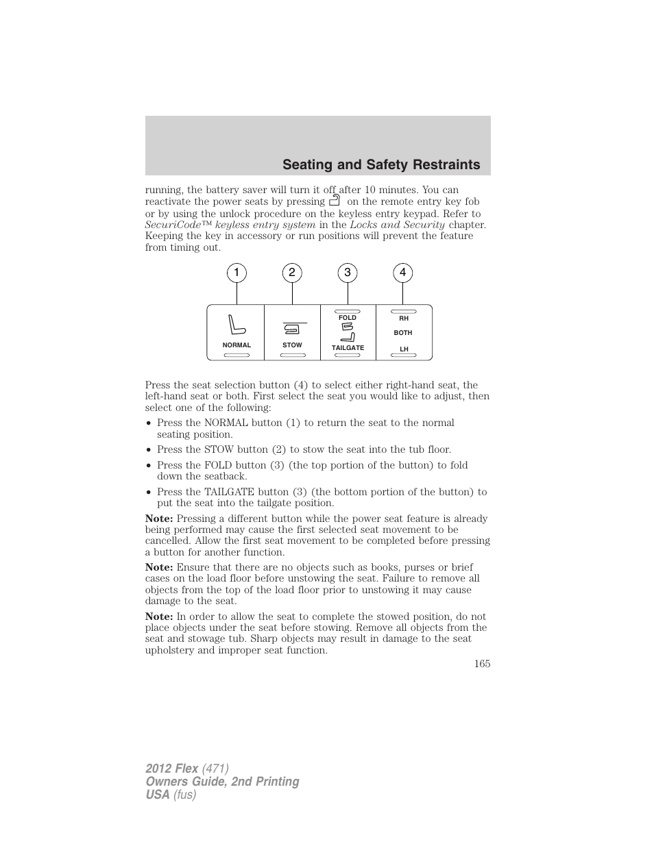 Seating and safety restraints | FORD 2012 Flex v.2 User Manual | Page 166 / 407