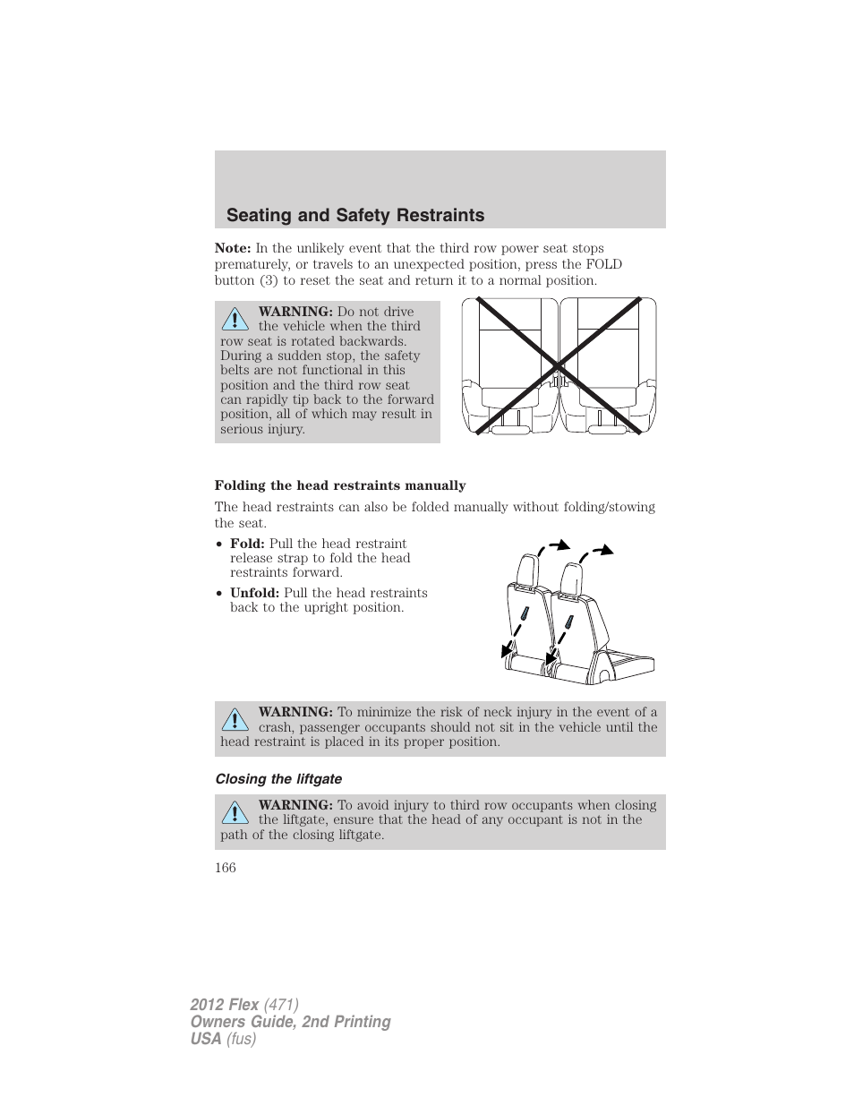 Closing the liftgate, Seating and safety restraints | FORD 2012 Flex v.2 User Manual | Page 167 / 407