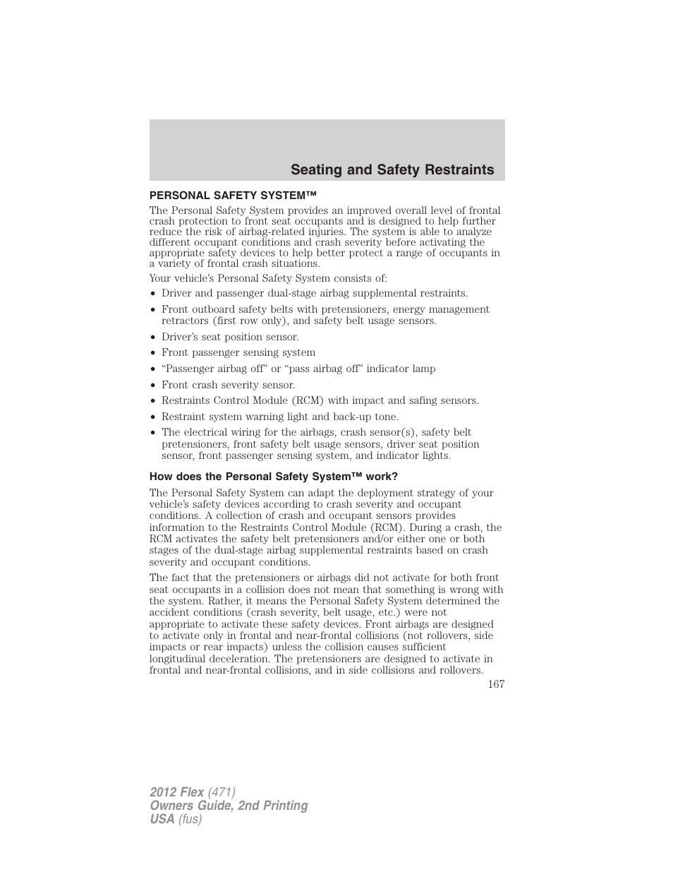 Personal safety system, How does the personal safety system™ work, Seating and safety restraints | FORD 2012 Flex v.2 User Manual | Page 168 / 407