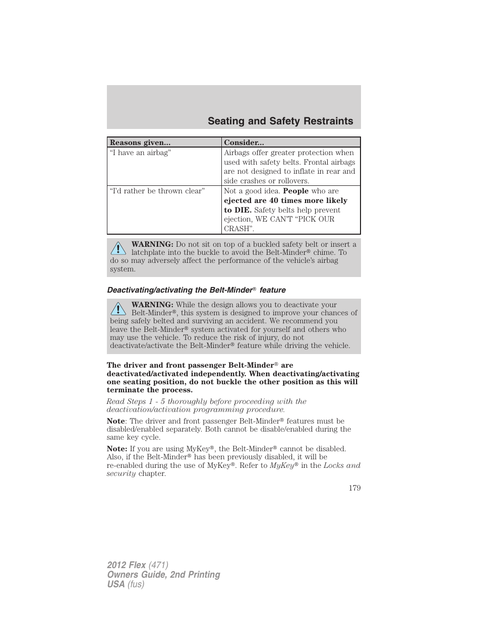 Deactivating/activating the belt-minder? feature, Seating and safety restraints | FORD 2012 Flex v.2 User Manual | Page 180 / 407
