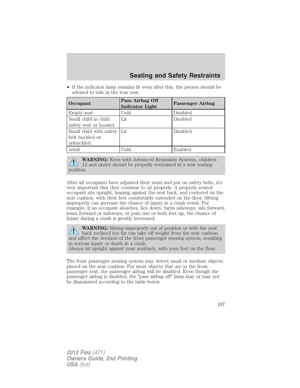 Seating and safety restraints | FORD 2012 Flex v.2 User Manual | Page 188 / 407