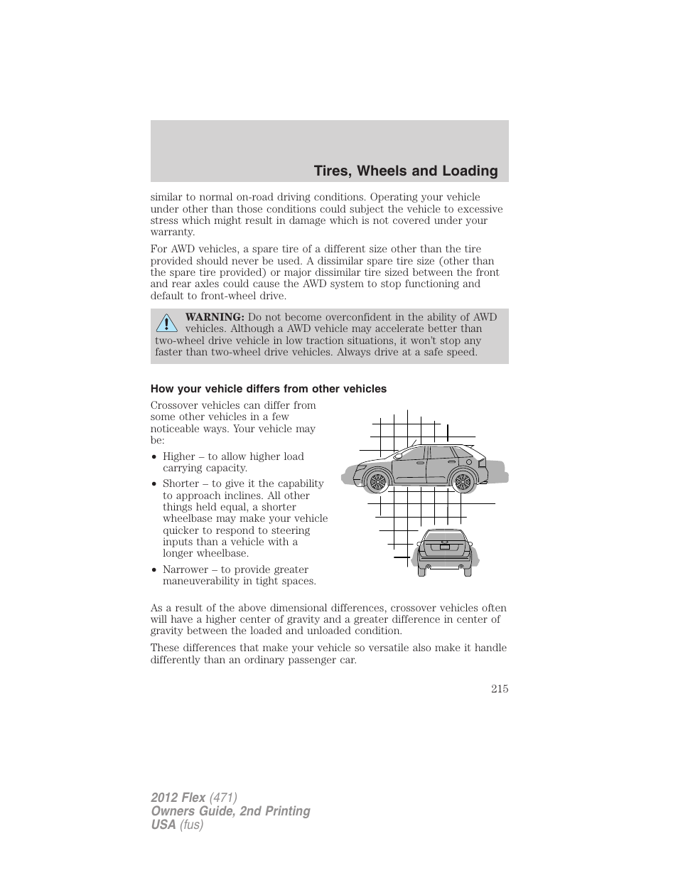 How your vehicle differs from other vehicles, Tires, wheels and loading | FORD 2012 Flex v.2 User Manual | Page 216 / 407