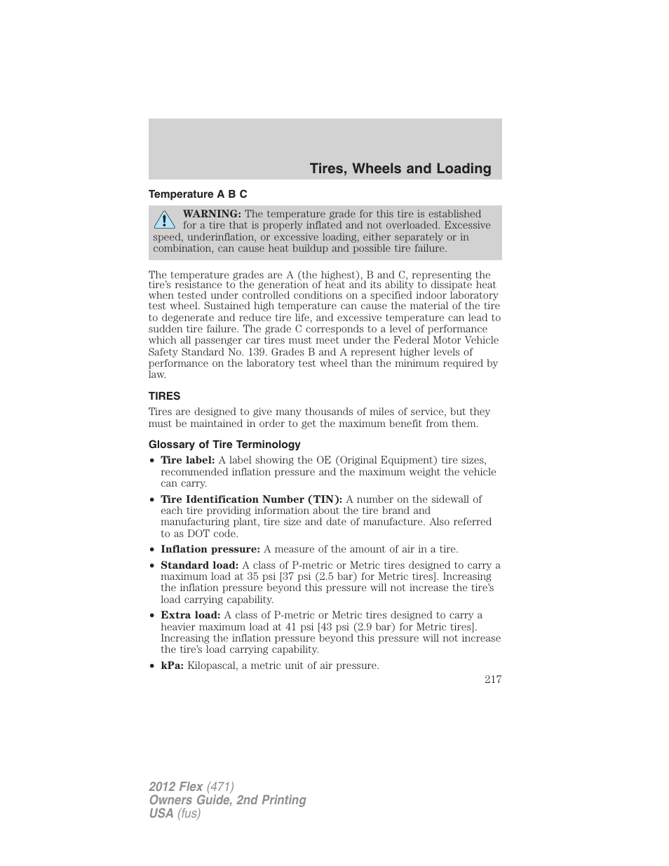 Temperature a b c, Tires, Glossary of tire terminology | Tires, wheels and loading | FORD 2012 Flex v.2 User Manual | Page 218 / 407