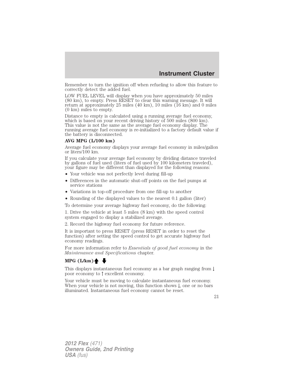 Instrument cluster | FORD 2012 Flex v.2 User Manual | Page 22 / 407
