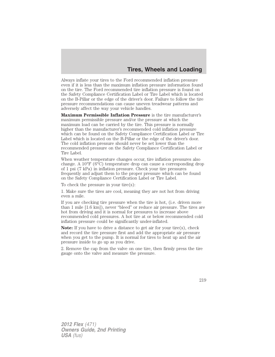 Tires, wheels and loading | FORD 2012 Flex v.2 User Manual | Page 220 / 407