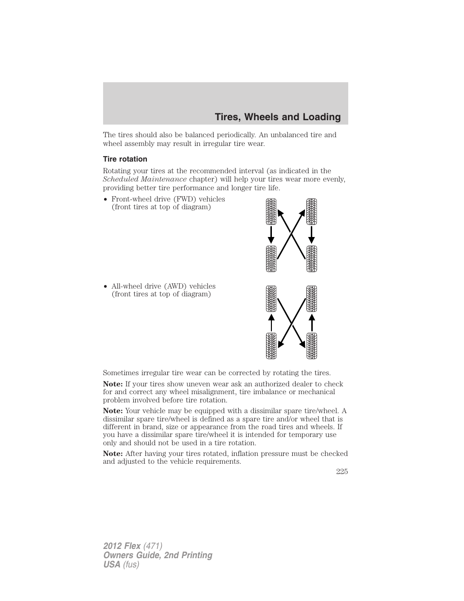 Tire rotation, Tires, wheels and loading | FORD 2012 Flex v.2 User Manual | Page 226 / 407