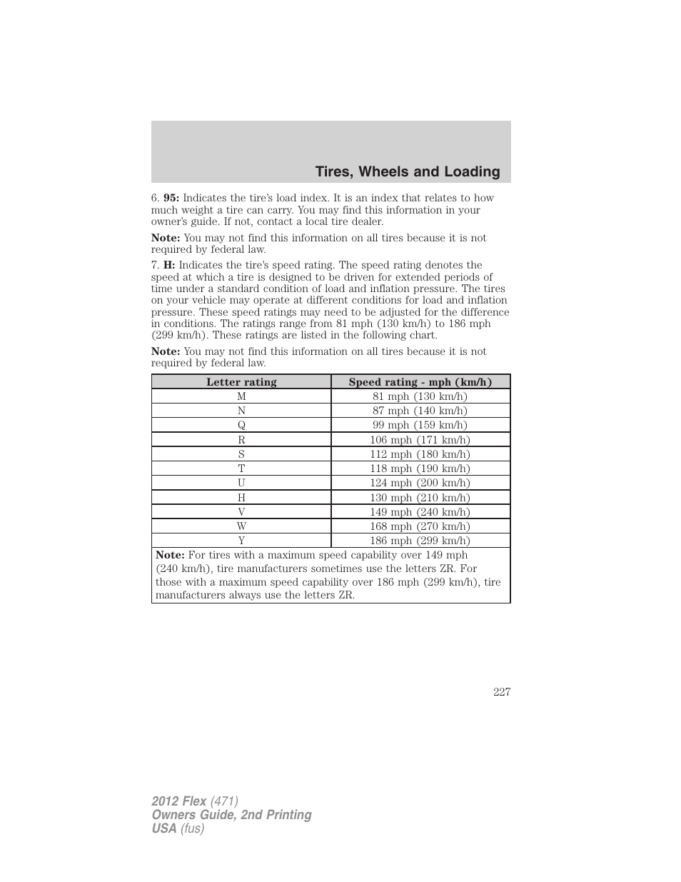 Tires, wheels and loading | FORD 2012 Flex v.2 User Manual | Page 228 / 407