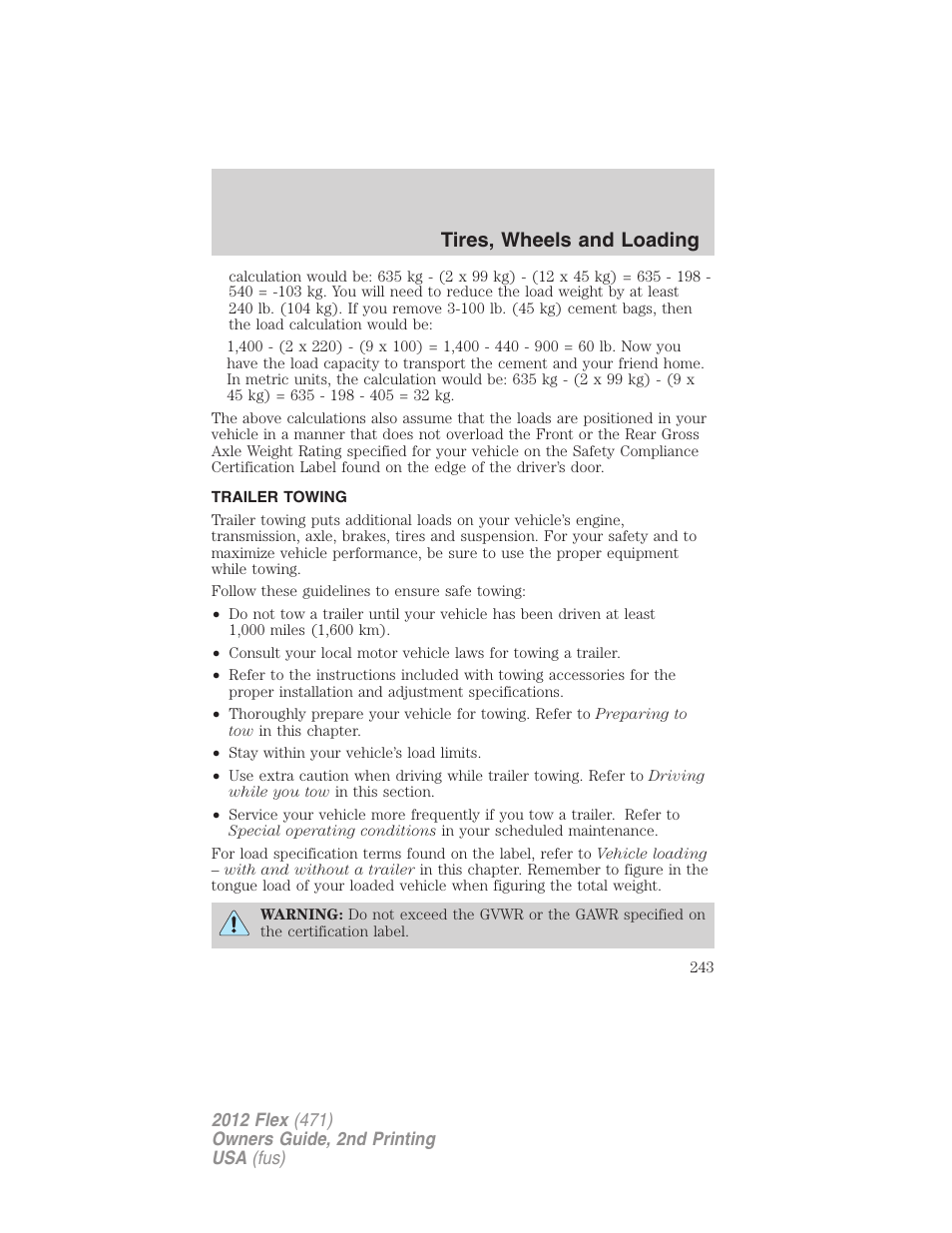 Trailer towing, Tires, wheels and loading | FORD 2012 Flex v.2 User Manual | Page 244 / 407