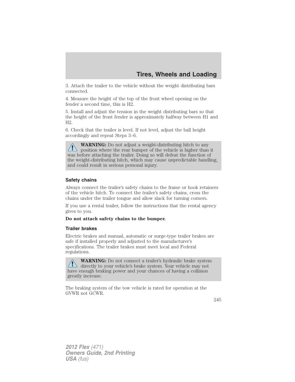 Safety chains, Trailer brakes, Tires, wheels and loading | FORD 2012 Flex v.2 User Manual | Page 246 / 407