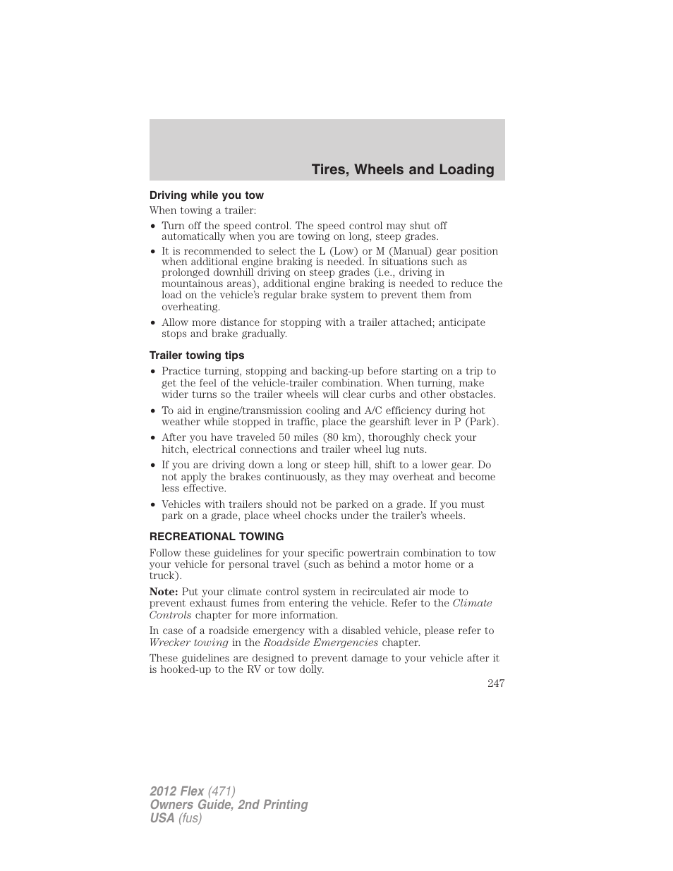 Driving while you tow, Trailer towing tips, Recreational towing | Tires, wheels and loading | FORD 2012 Flex v.2 User Manual | Page 248 / 407