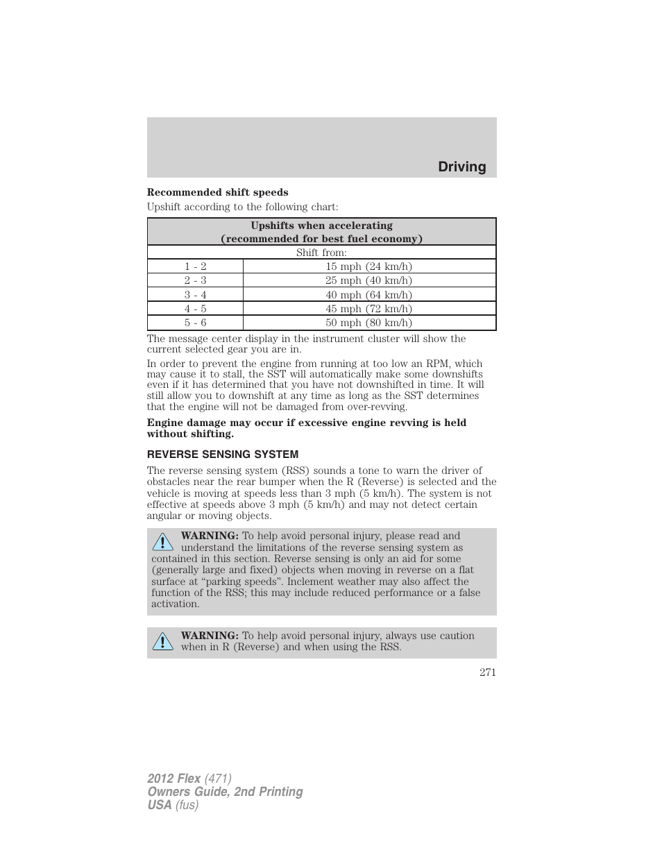 Reverse sensing system, Driving | FORD 2012 Flex v.2 User Manual | Page 272 / 407