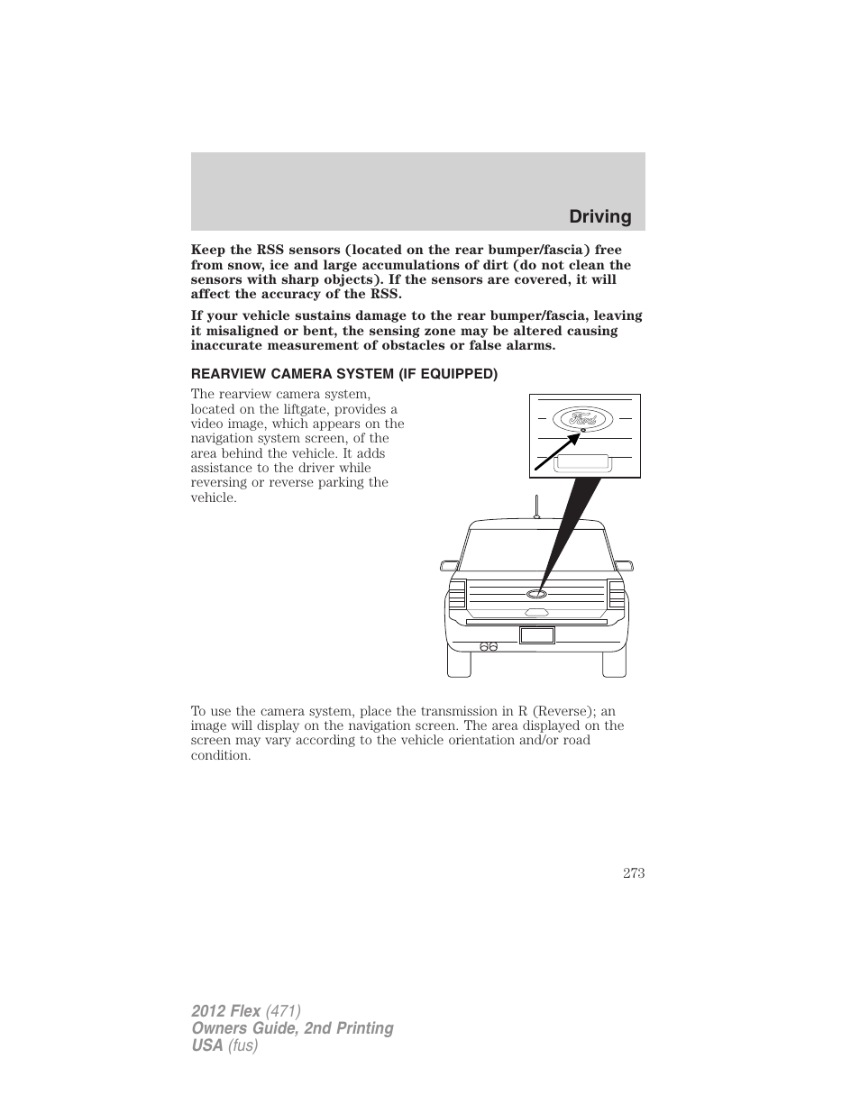 Rearview camera system (if equipped), Rear-view camera system, Driving | FORD 2012 Flex v.2 User Manual | Page 274 / 407