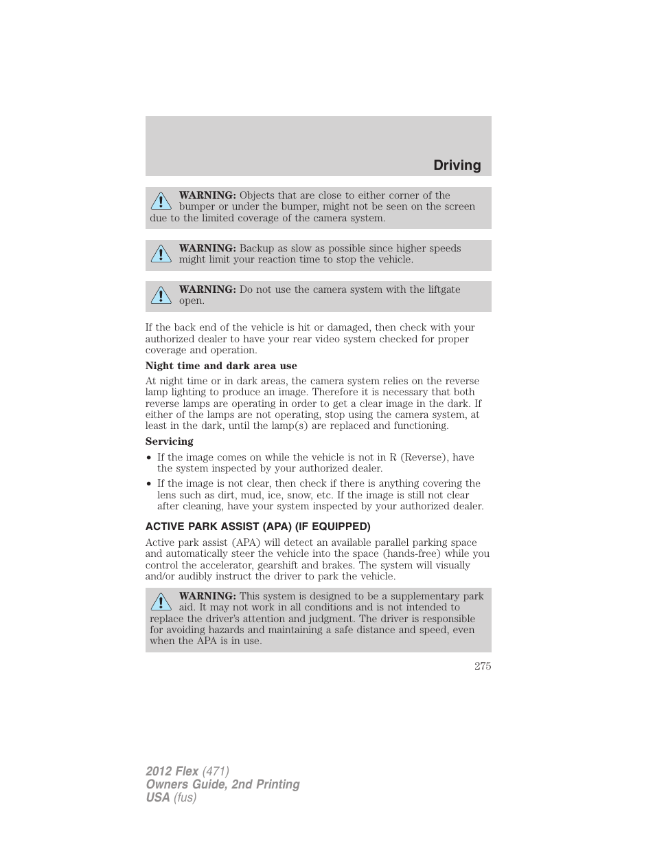 Active park assist (apa) (if equipped), Driving | FORD 2012 Flex v.2 User Manual | Page 276 / 407