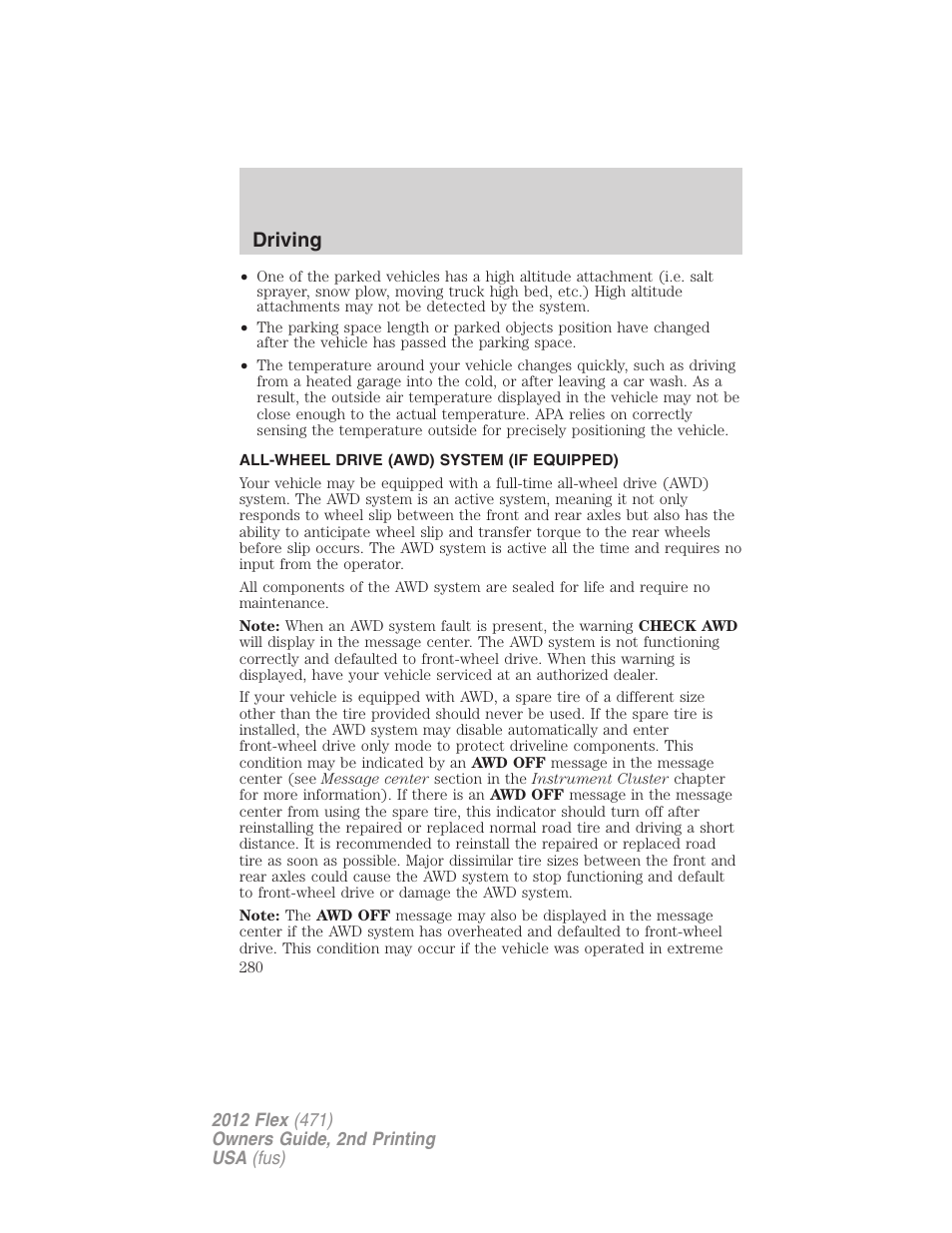 All-wheel drive (awd) system (if equipped), All wheel drive, Driving | FORD 2012 Flex v.2 User Manual | Page 281 / 407