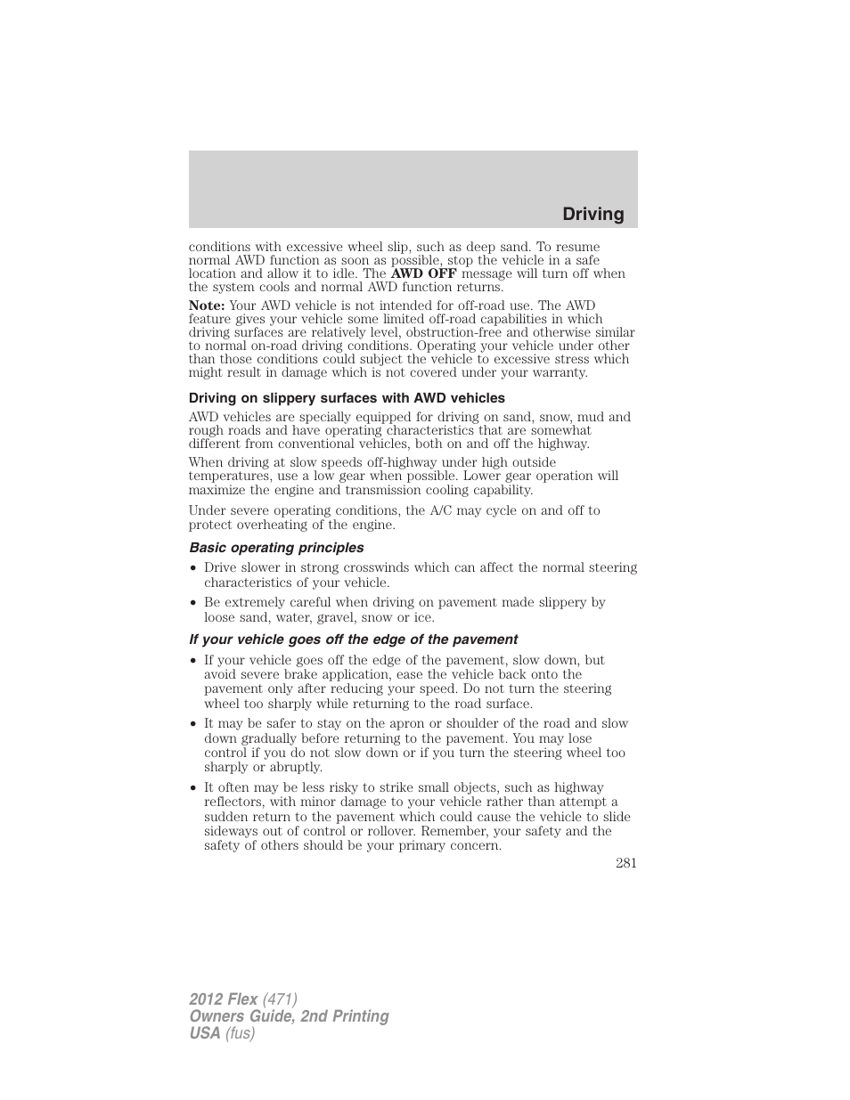 Driving on slippery surfaces with awd vehicles, Basic operating principles, If your vehicle goes off the edge of the pavement | Driving | FORD 2012 Flex v.2 User Manual | Page 282 / 407