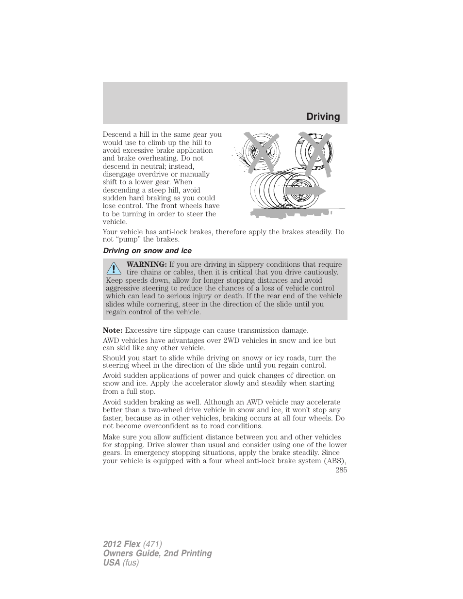 Driving on snow and ice, Driving | FORD 2012 Flex v.2 User Manual | Page 286 / 407