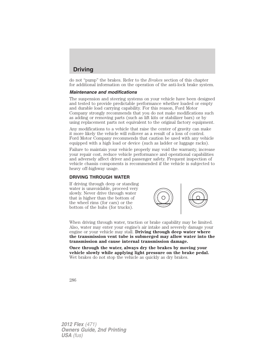 Maintenance and modifications, Driving through water, Driving | FORD 2012 Flex v.2 User Manual | Page 287 / 407