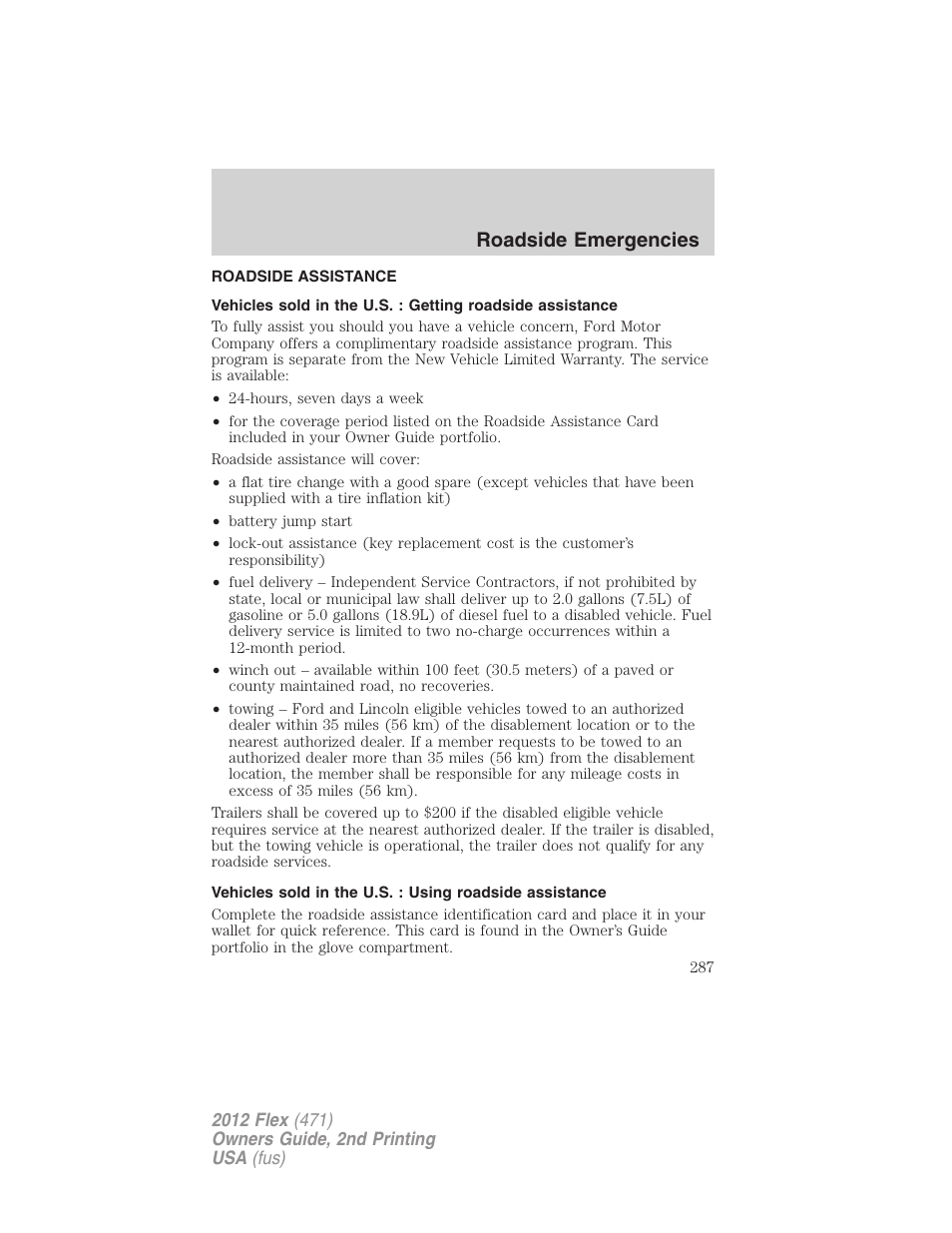 Roadside emergencies, Roadside assistance, Getting roadside assistance | FORD 2012 Flex v.2 User Manual | Page 288 / 407