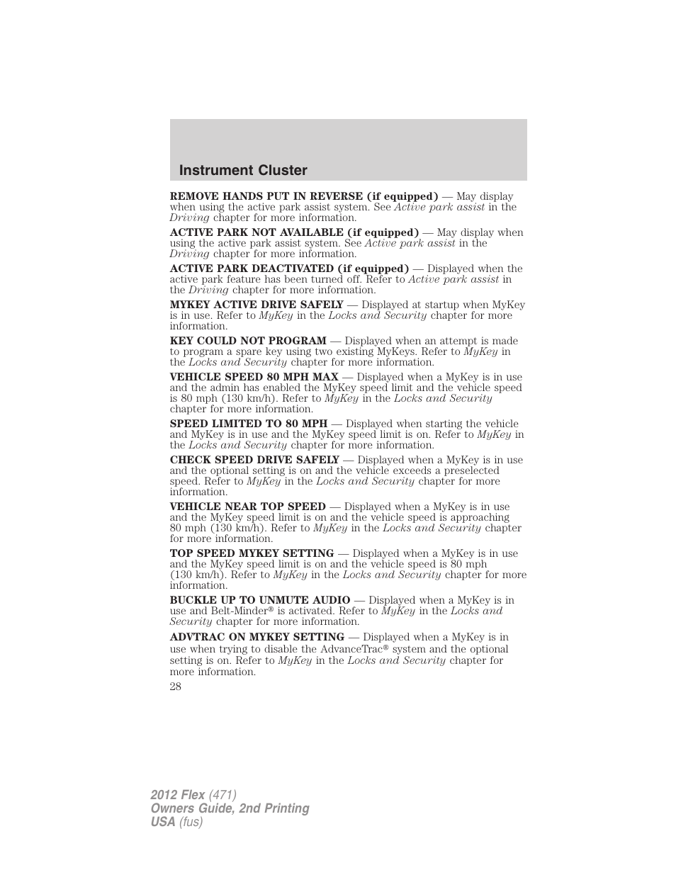 Instrument cluster | FORD 2012 Flex v.2 User Manual | Page 29 / 407