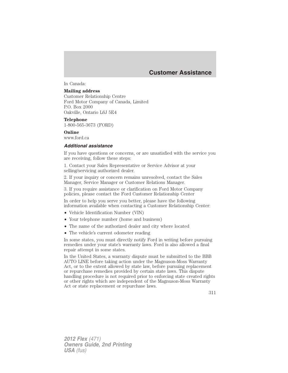 Additional assistance, Customer assistance | FORD 2012 Flex v.2 User Manual | Page 312 / 407