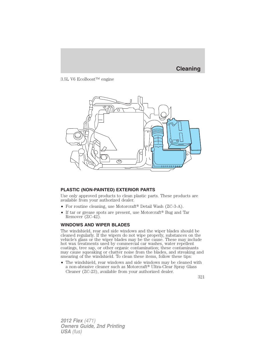 Plastic (non-painted) exterior parts, Windows and wiper blades, Cleaning | FORD 2012 Flex v.2 User Manual | Page 322 / 407