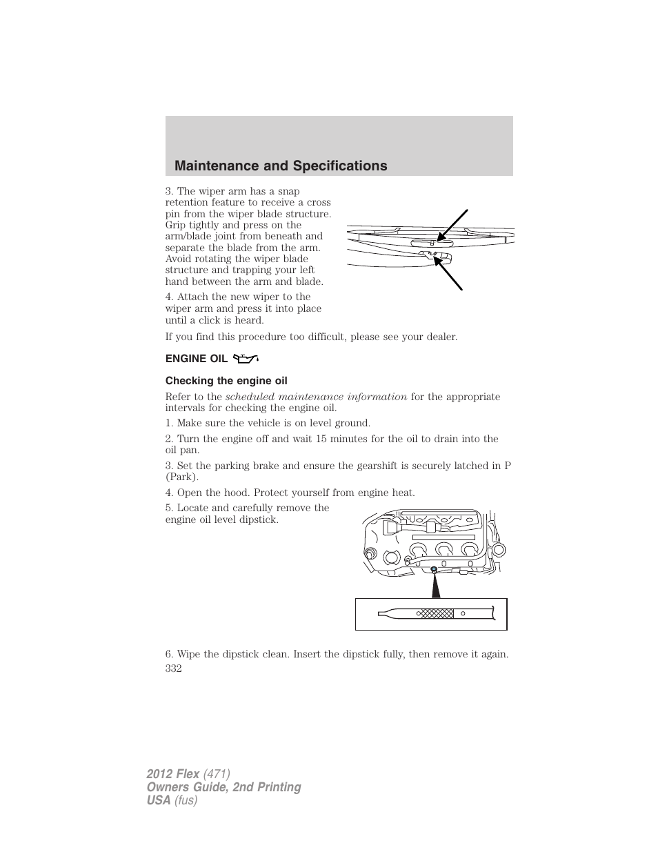 Engine oil, Checking the engine oil, Maintenance and specifications | FORD 2012 Flex v.2 User Manual | Page 333 / 407