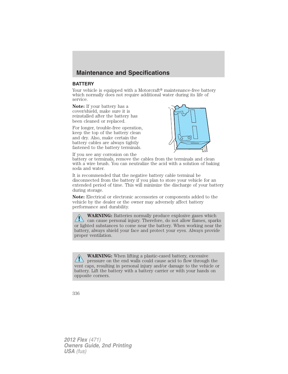 Battery, Maintenance and specifications | FORD 2012 Flex v.2 User Manual | Page 337 / 407