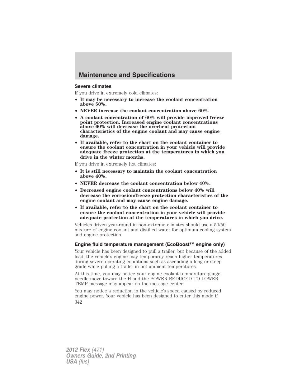 Severe climates, Maintenance and specifications | FORD 2012 Flex v.2 User Manual | Page 343 / 407