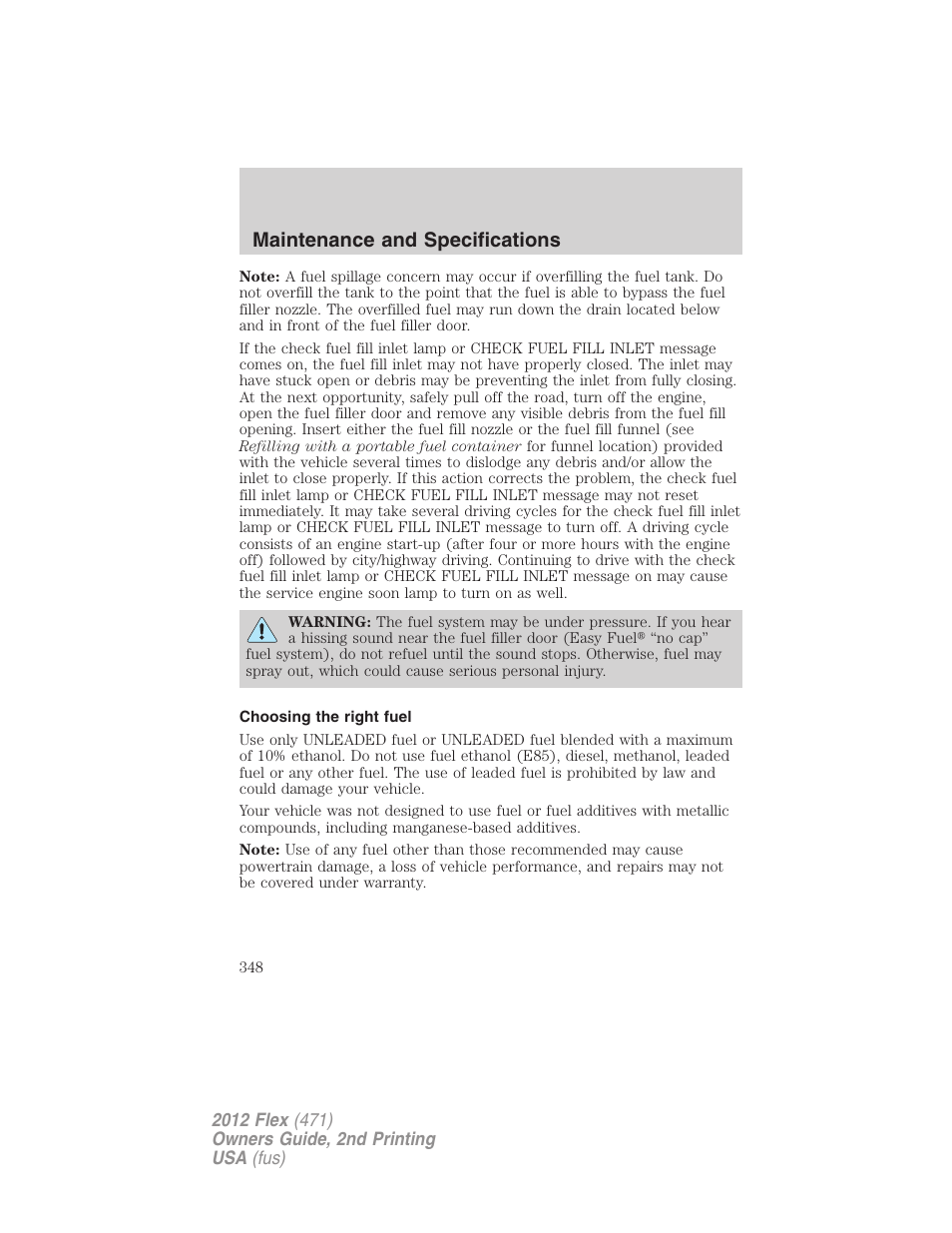 Choosing the right fuel, Maintenance and specifications | FORD 2012 Flex v.2 User Manual | Page 349 / 407
