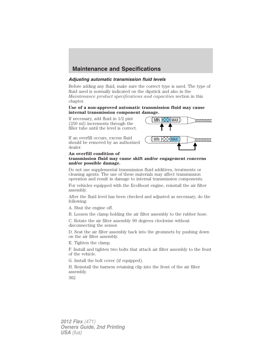 Adjusting automatic transmission fluid levels, Maintenance and specifications | FORD 2012 Flex v.2 User Manual | Page 363 / 407