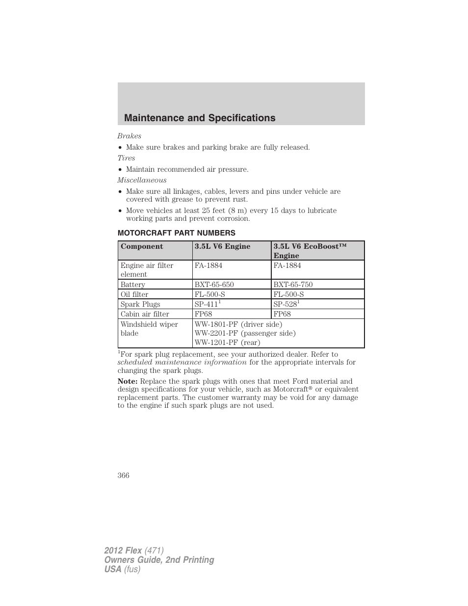 Motorcraft part numbers, Part numbers, Maintenance and specifications | FORD 2012 Flex v.2 User Manual | Page 367 / 407