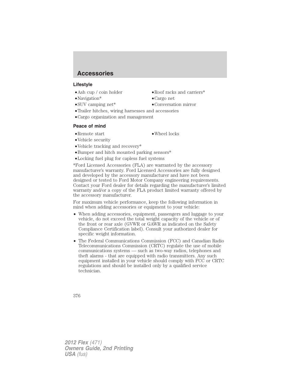 Lifestyle, Peace of mind, Accessories | FORD 2012 Flex v.2 User Manual | Page 377 / 407