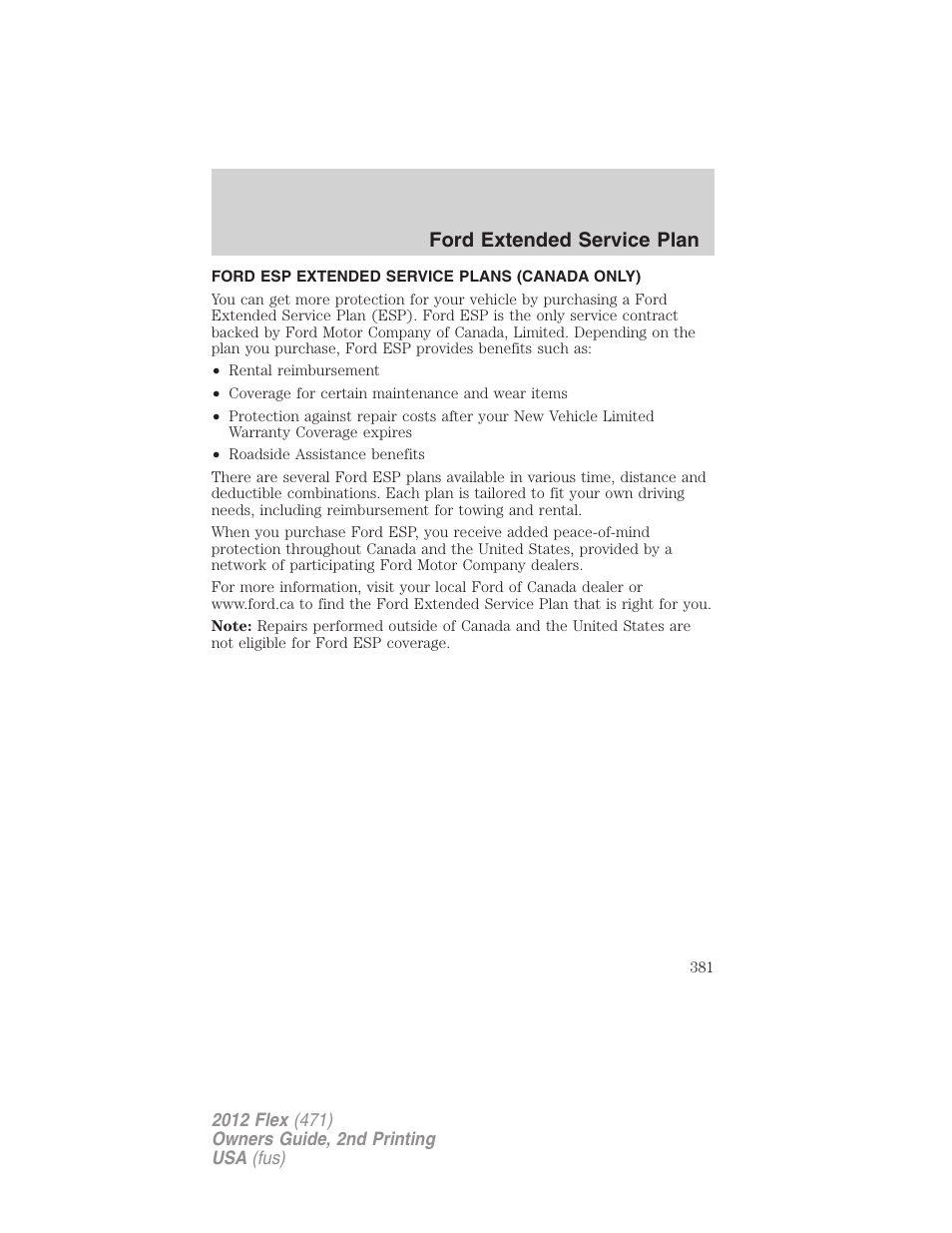 Ford esp extended service plans (canada only), Ford extended service plan | FORD 2012 Flex v.2 User Manual | Page 382 / 407