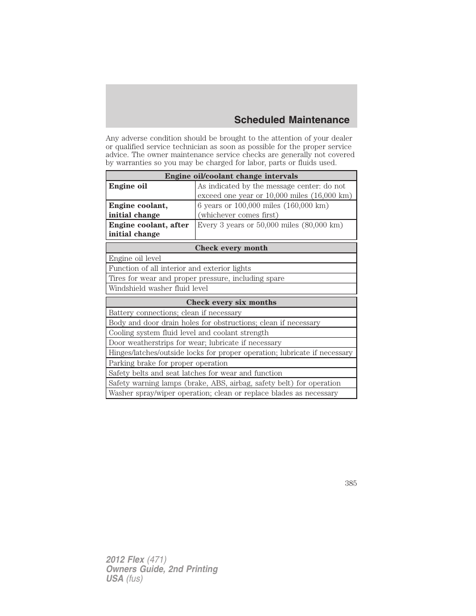 Scheduled maintenance | FORD 2012 Flex v.2 User Manual | Page 386 / 407